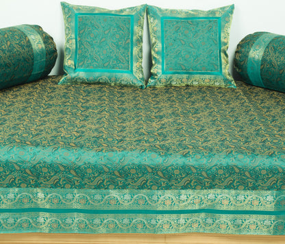 Teal Green Banarasi Diwan Set– Silk Zari Brocade Indian Cushions & Bolster Cover