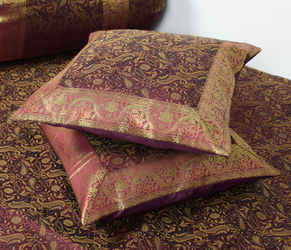 Wine Grace Diwan Set– Banarasi Silk Zari Brocade Indian Cushions & Bolster Cover