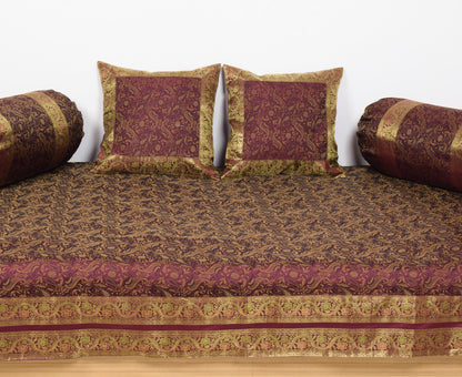 Wine Grace Diwan Set– Banarasi Silk Zari Brocade Indian Cushions & Bolster Cover