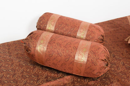Brown Grace Diwan Set Banarasi Silk Zari Brocade Indian Cushions & Bolster Cover