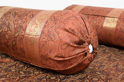 Brown Grace Diwan Set Banarasi Silk Zari Brocade Indian Cushions & Bolster Cover