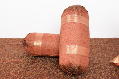Brown Grace Diwan Set Banarasi Silk Zari Brocade Indian Cushions & Bolster Cover