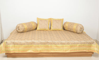 Beige Banarasi Diwan Set Silk Zari Brocade Indian Gift Cushion & Bolster Cover