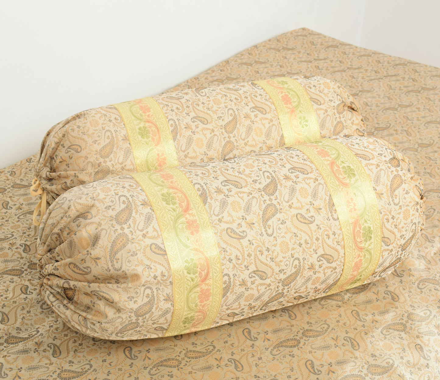 Beige Banarasi Diwan Set Silk Zari Brocade Indian Gift Cushion & Bolster Cover