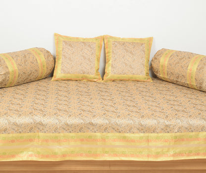 Beige Banarasi Diwan Set Silk Zari Brocade Indian Gift Cushion & Bolster Cover