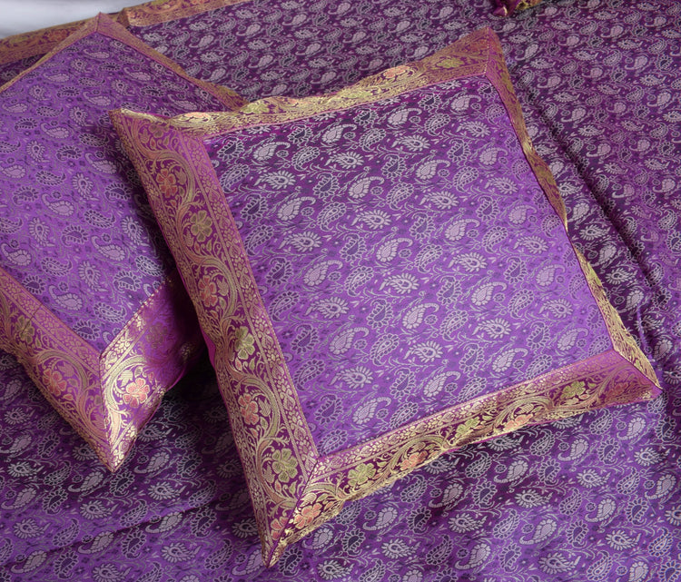 Banarasi Purple Diwan Set Cushion & Bolster Cover Silk & Woven Zari Brocade