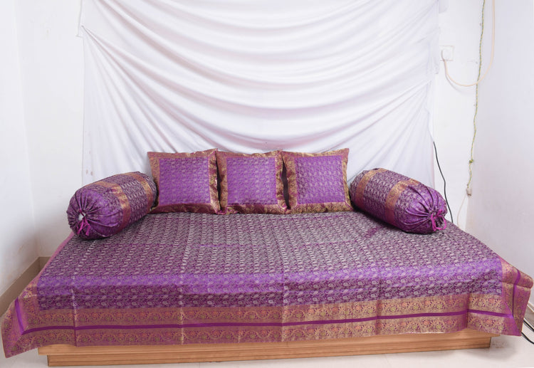 Banarasi Purple Diwan Set Cushion & Bolster Cover Silk & Woven Zari Brocade