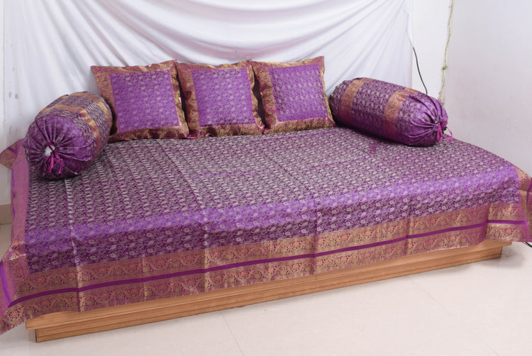 Banarasi Purple Diwan Set Cushion & Bolster Cover Silk & Woven Zari Brocade