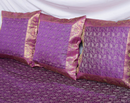 Banarasi Purple Diwan Set Cushion & Bolster Cover Silk & Woven Zari Brocade
