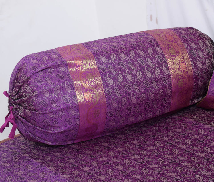 Banarasi Purple Diwan Set Cushion & Bolster Cover Silk & Woven Zari Brocade