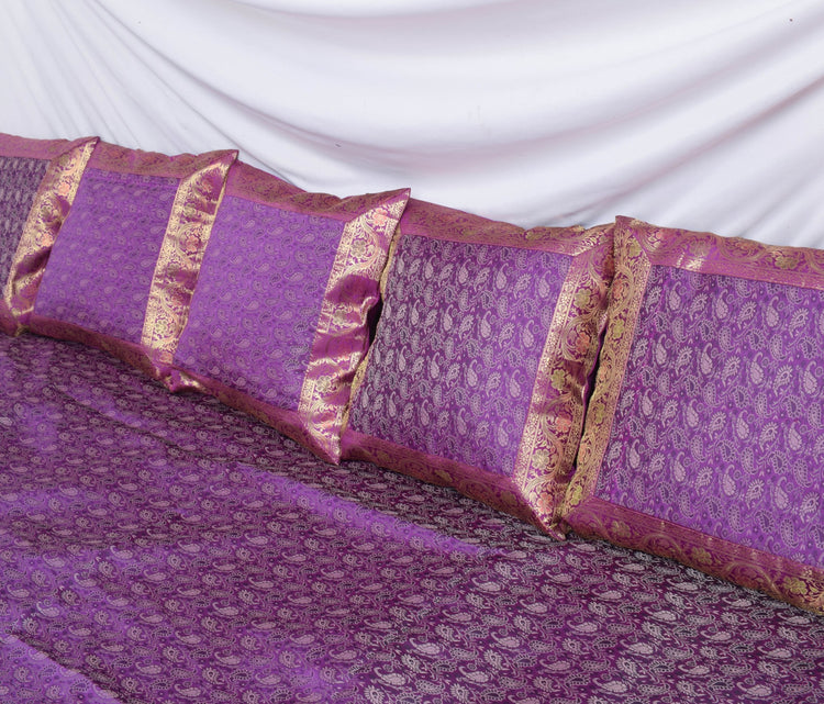 Banarasi Purple Diwan Set Cushion & Bolster Cover Silk & Woven Zari Brocade