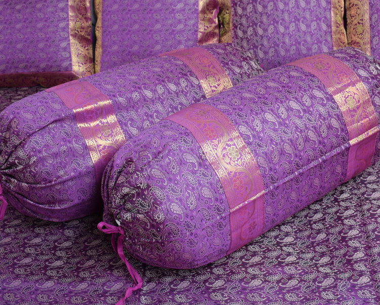 Banarasi Purple Diwan Set Cushion & Bolster Cover Silk & Woven Zari Brocade