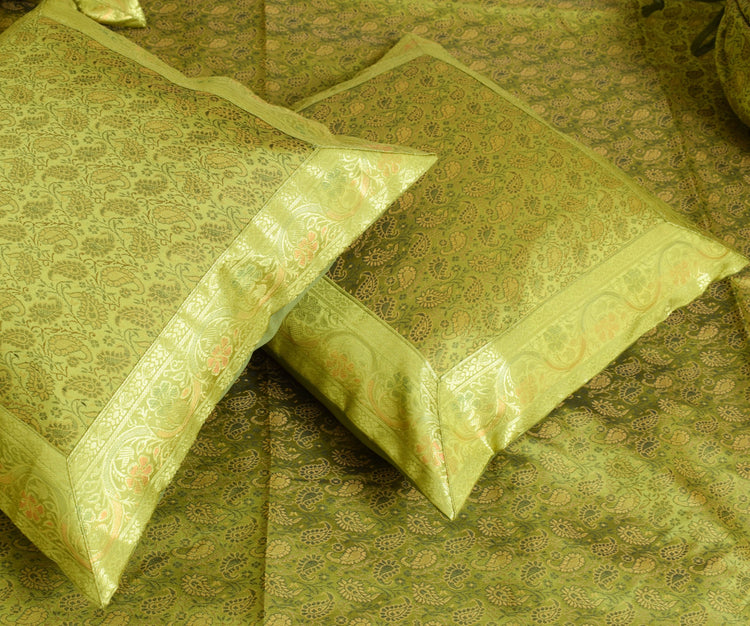 Banarasi Diwan Set Cushion & Bolster Cover Green Silk & Woven Zari Brocade