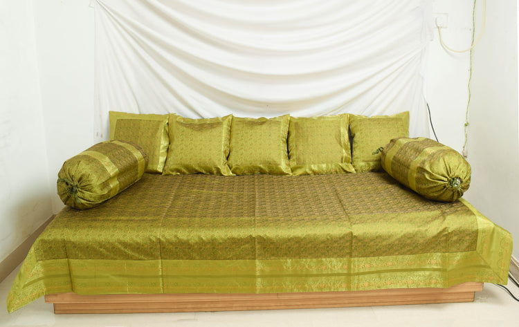 Banarasi Diwan Set Cushion & Bolster Cover Green Silk & Woven Zari Brocade