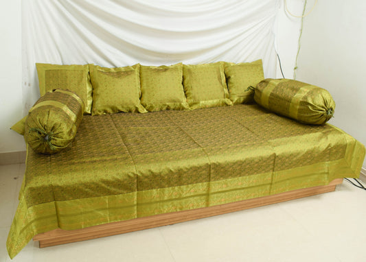 Banarasi Diwan Set Cushion & Bolster Cover Green Silk & Woven Zari Brocade