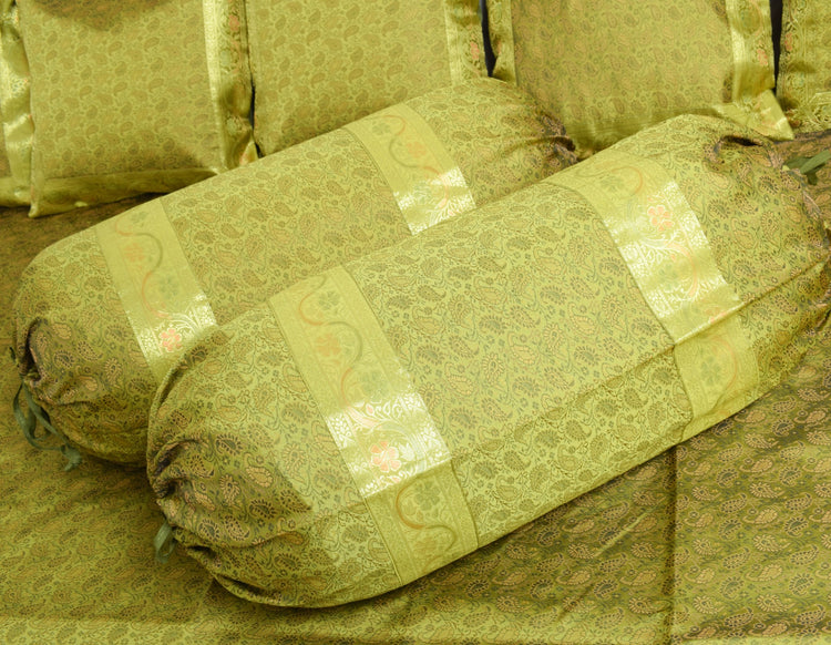 Banarasi Diwan Set Cushion & Bolster Cover Green Silk & Woven Zari Brocade