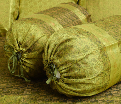 Banarasi Diwan Set Cushion & Bolster Cover Green Silk & Woven Zari Brocade
