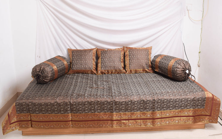 Banarasi Diwan Set Cushion & Bolster Cover Silk & Woven Zari Brocade Brown