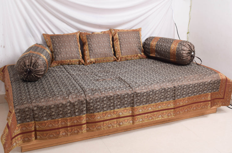 Banarasi Diwan Set Cushion & Bolster Cover Silk & Woven Zari Brocade Brown