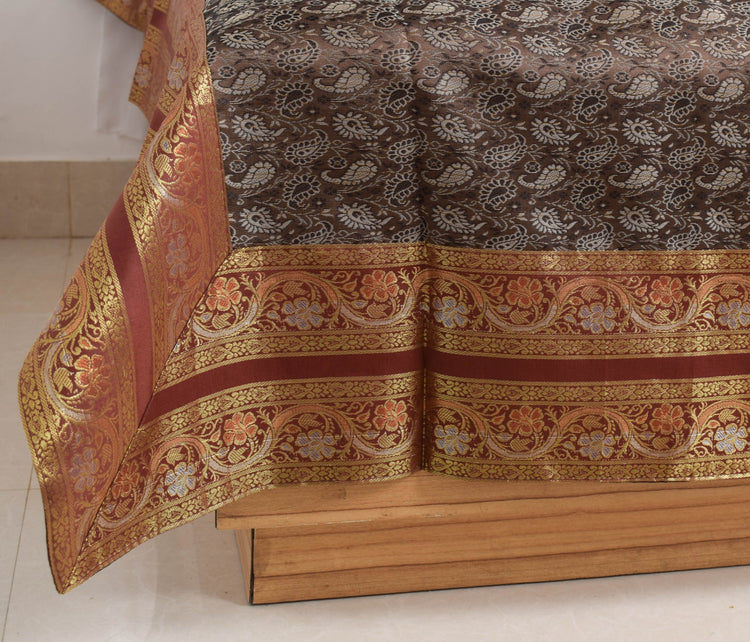 Banarasi Diwan Set Cushion & Bolster Cover Silk & Woven Zari Brocade Brown