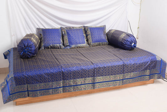 Banarasi Blue Diwan Set Cushion & Bolster Cover Silk & Woven Zari Brocade