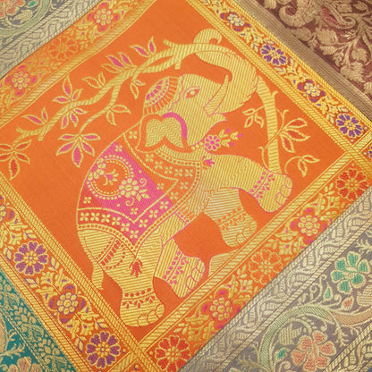 Dining Table Runner Elephnat Woven Zari Brocade Decor Banarasi Cover Multi Color