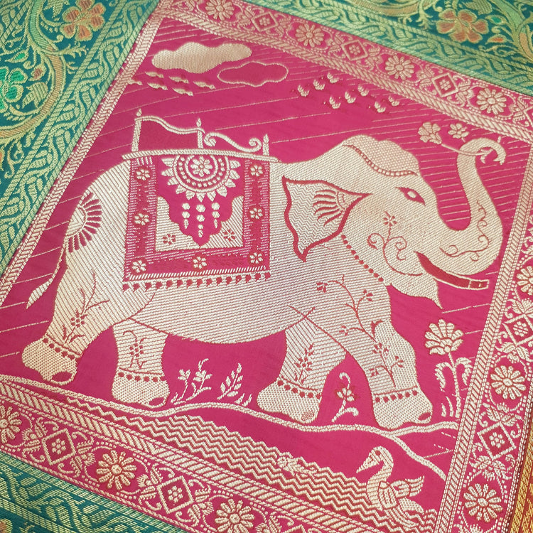 Dining Table Runner Zari Brocade Elephant Woven Banarasi Cover Multi Color