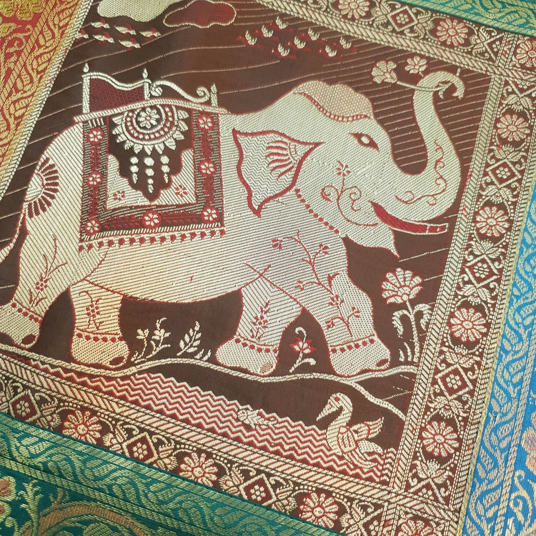 Dining Table Runner Zari Brocade Elephant Woven Banarasi Cover Multi Color