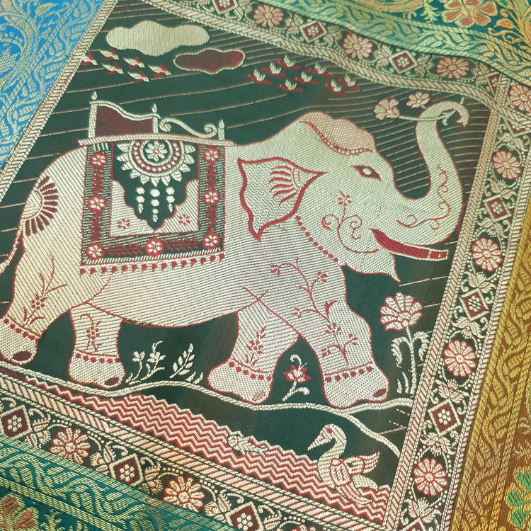 Dining Table Runner Zari Brocade Elephant Woven Banarasi Cover Multi Color