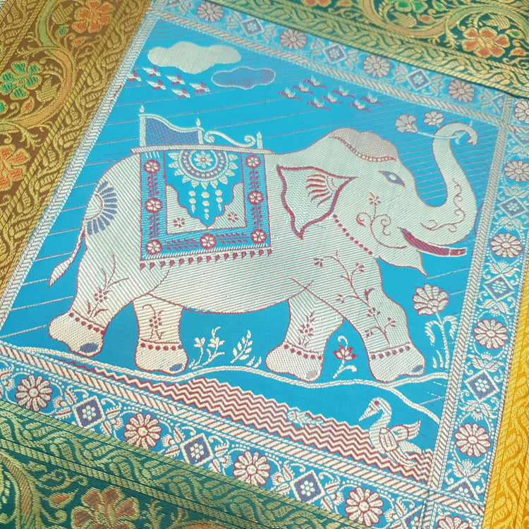 Dining Table Runner Zari Brocade Elephant Woven Banarasi Cover Multi Color