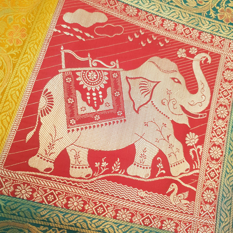 Dining Table Runner Zari Brocade Elephant Woven Banarasi Cover Multi Color