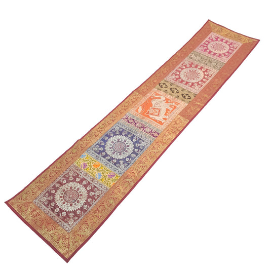 Dining Table Runner Mandala Elephant Woven Zari Brocade Banarasi Multi Color