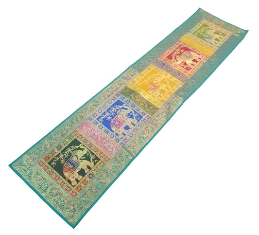 Dining Table Runner Woven Elephant Zari Brocade Banarasi Cover Decor Multi Color