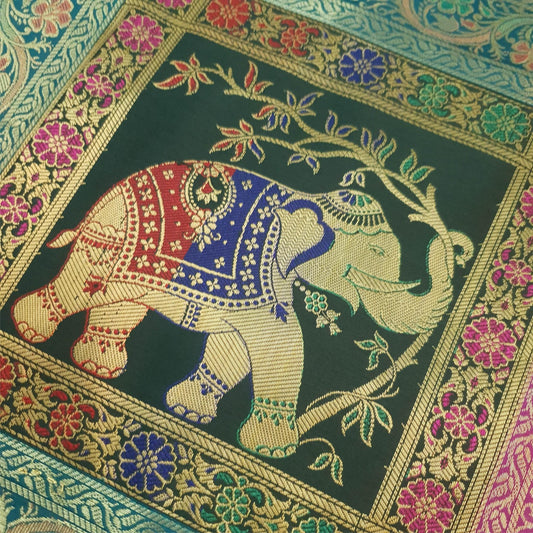 Dining Table Runner Woven Elephant Zari Brocade Banarasi Cover Decor Multi Color