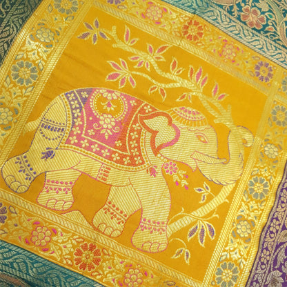 Dining Table Runner Woven Elephant Zari Brocade Banarasi Cover Decor Multi Color