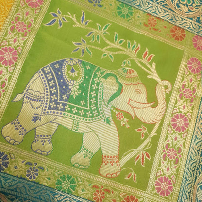 Dining Table Runner Woven Elephant Zari Brocade Banarasi Cover Decor Multi Color