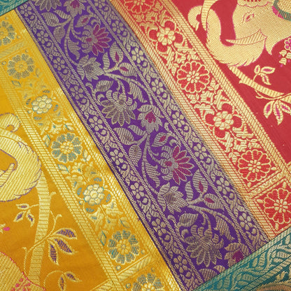 Dining Table Runner Woven Elephant Zari Brocade Banarasi Cover Decor Multi Color