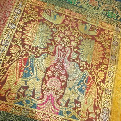 Dining Table Runner Zari Brocade Elephant Woven Banarasi Cover Decor Multi Color