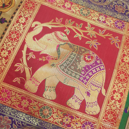 Dining Table Runner Zari Brocade Banarasi Elephant & mandala Woven Multi Color