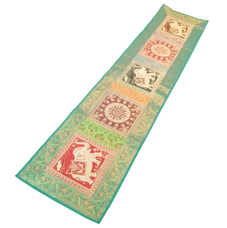 Dining Table Runner Woven Elephant & Mandala Zari Brocade Banarasi Multi Color