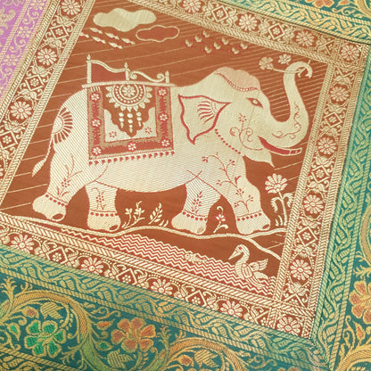 Dining Table Runner Woven Elephant & Mandala Zari Brocade Banarasi Multi Color