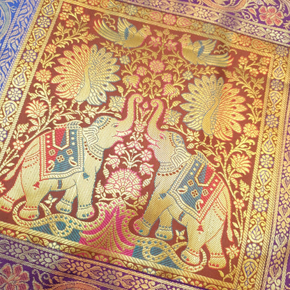Dining Table Runner Ethnic Handmade Gold Banarasi Brocade Silk Elephant Work