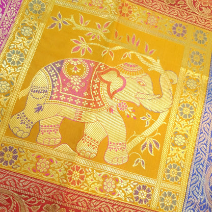 Dining Cloth Table Runner Elephant Woven Zari Brocade Banarasi Cover Multi Color