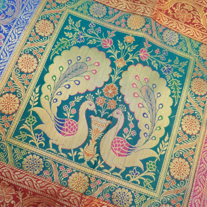 Dining Table Runner Elephant Peacock Woven Zari Brocade Banarasi Handmade Cover