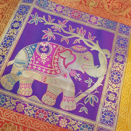 Table Runner Dining Cover Elephant  Woven Zari Brocade Banarasi Multi Color