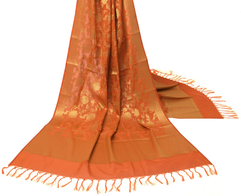 Orange Banarasi Dupatta Indian Art Silk Woven Zari Brocade Long Stole Scarves