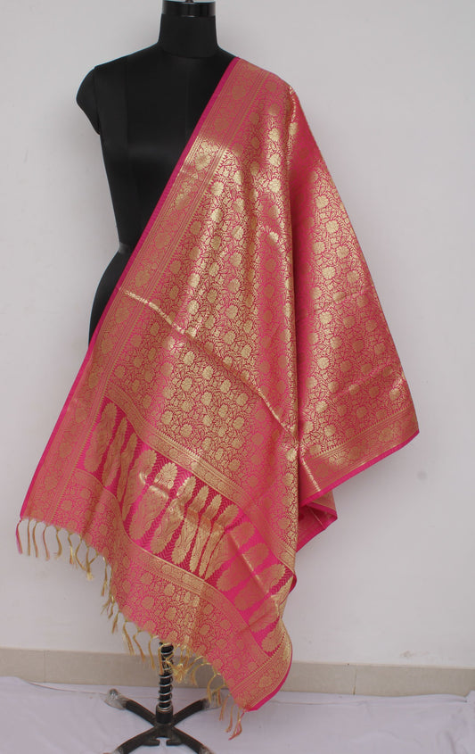 Pink Banarasi Dupatta Indian Art Silk Woven Zari Brocade Long Stole Scarves
