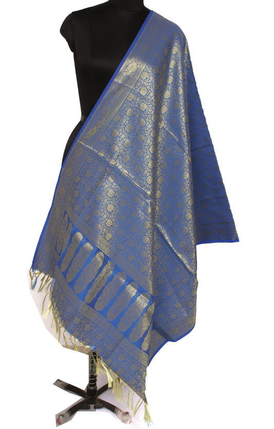 Blue Banarasi Dupatta Indian Art Silk Woven Zari Brocade Long Stole Scarves