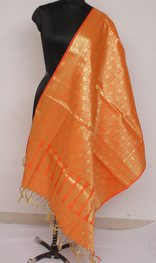 Orange Banarasi Dupatta Indian Art Silk Woven Zari Brocade Long Stole Scarves