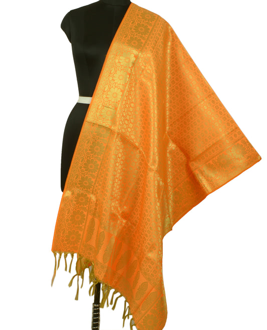 Orange Banarasi Dupatta Indian Art Silk Woven Zari Brocade Long Stole Scarves